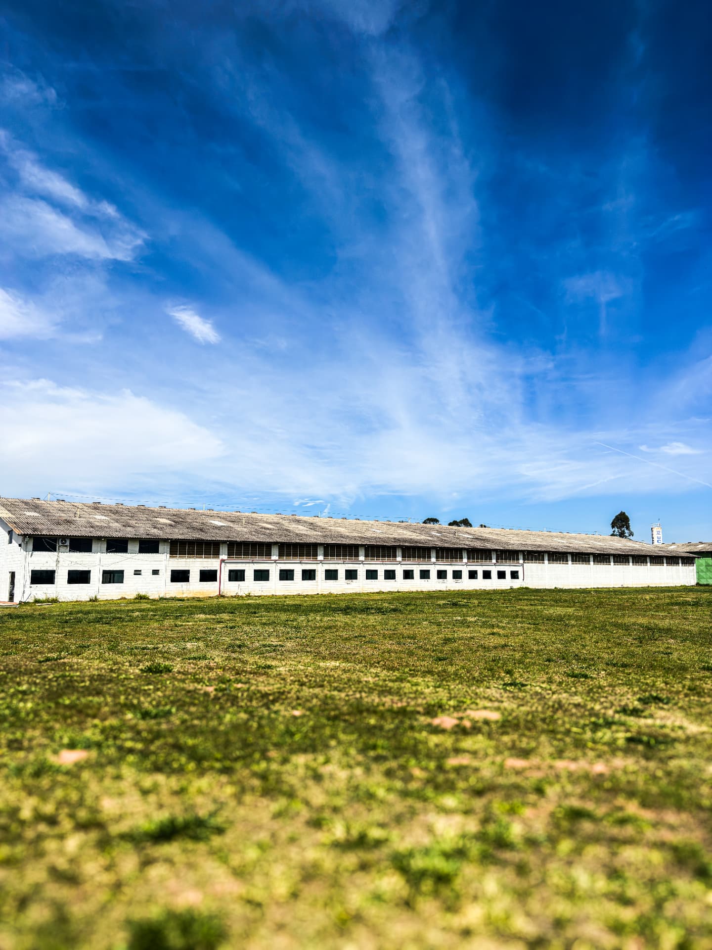 Estrutura externa do armazém da Frexco em dia de céu azul